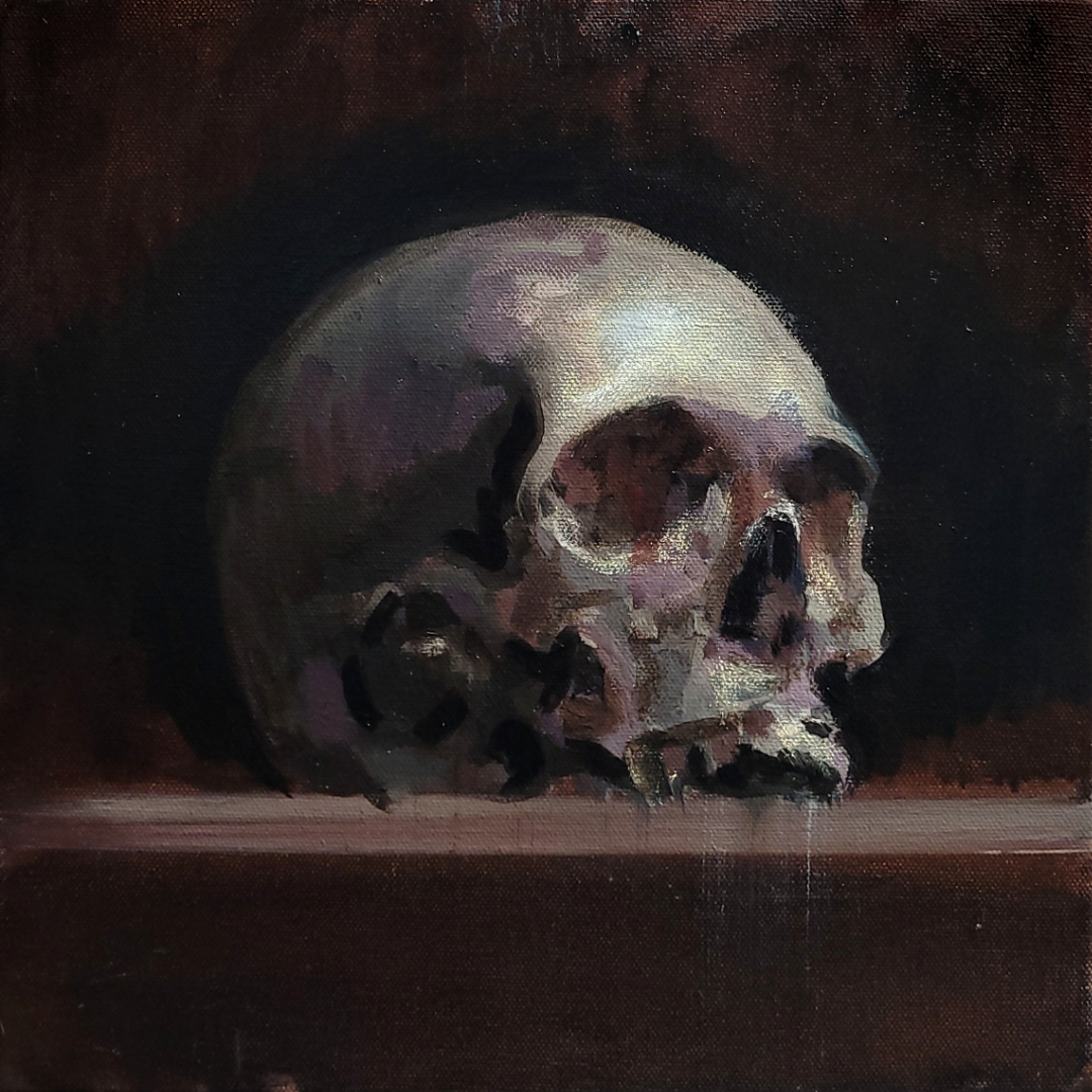 Pierre HALE, Human Skull, oil-on-canvas, 12 x 12”.