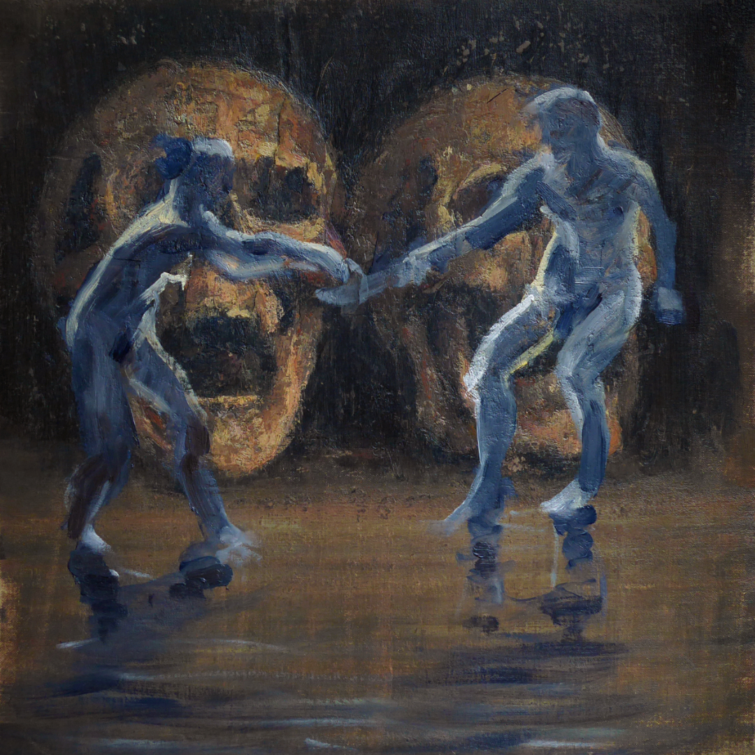 Pierre Halé, Danse Macabre, 16 x 16" canvas-panel oil painting