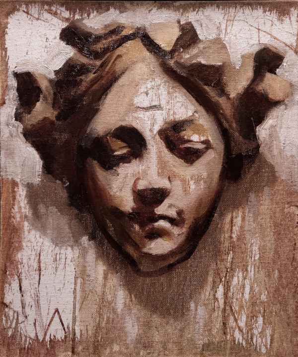 Pierre Halé, Art Nouveau-style Female Face, oil on 10 x 12” canvas board