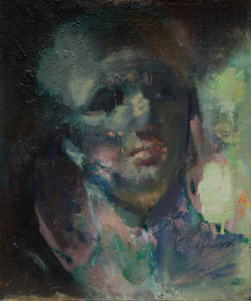 Oil on 25 x 30 cm canvas board painting of Green Figure by Pierre Halé.