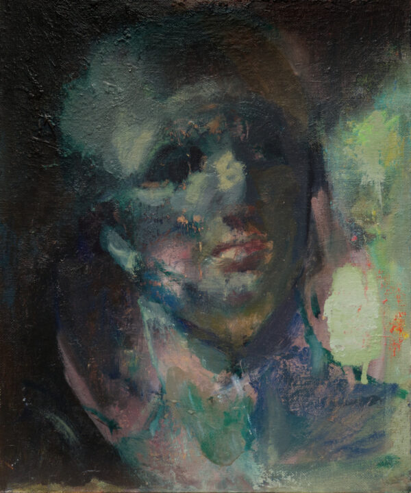 Oil on 25 x 30 cm canvas board painting of Green Figure by Pierre Halé.